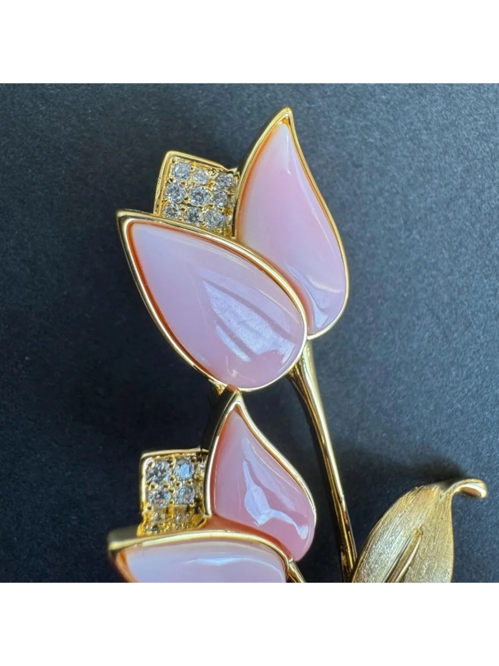 Pink Tulip Brooch Gold Tone Floral Pin Brushed Metal Leaves Romantic Gift